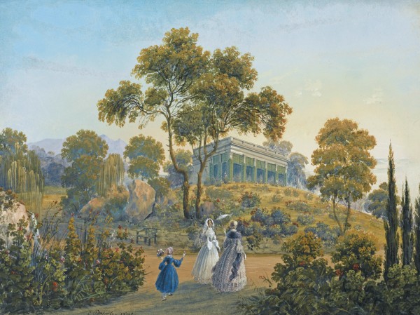 View of Miskhor in the Crimea with figures by Carlo Bossoli